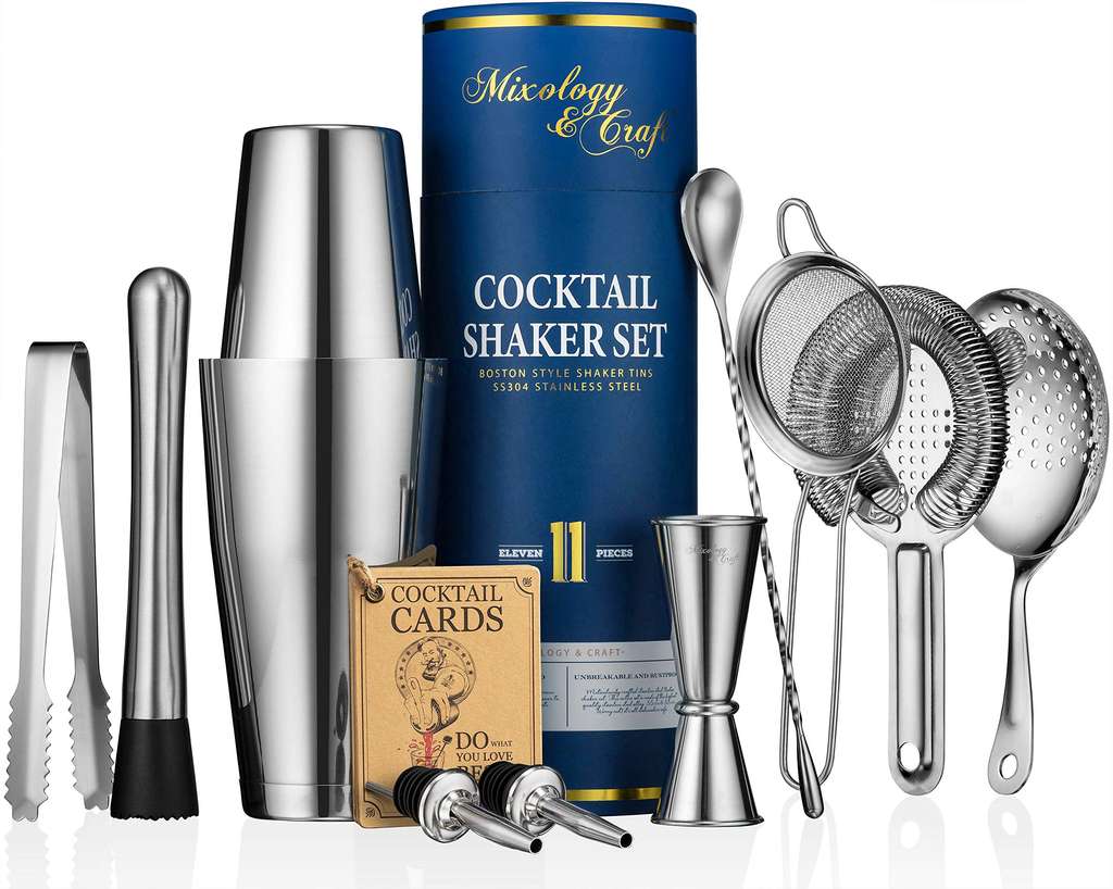 Mixology & Cocktail making Shaker Set - 11-Piece bartender kit, with Muddler, Spoon & Tongs - Silver, Sold by Antiope UK|FBA (Prime Deal)